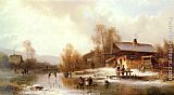 Skaters Canvas Paintings - Skaters and Washerwomen in a Frozen Landscape